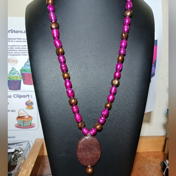 Tahitian Baroque Freshwater Purple Color Pearl 23" Necklace Oval Stone Pendant - Picture 2 of 13